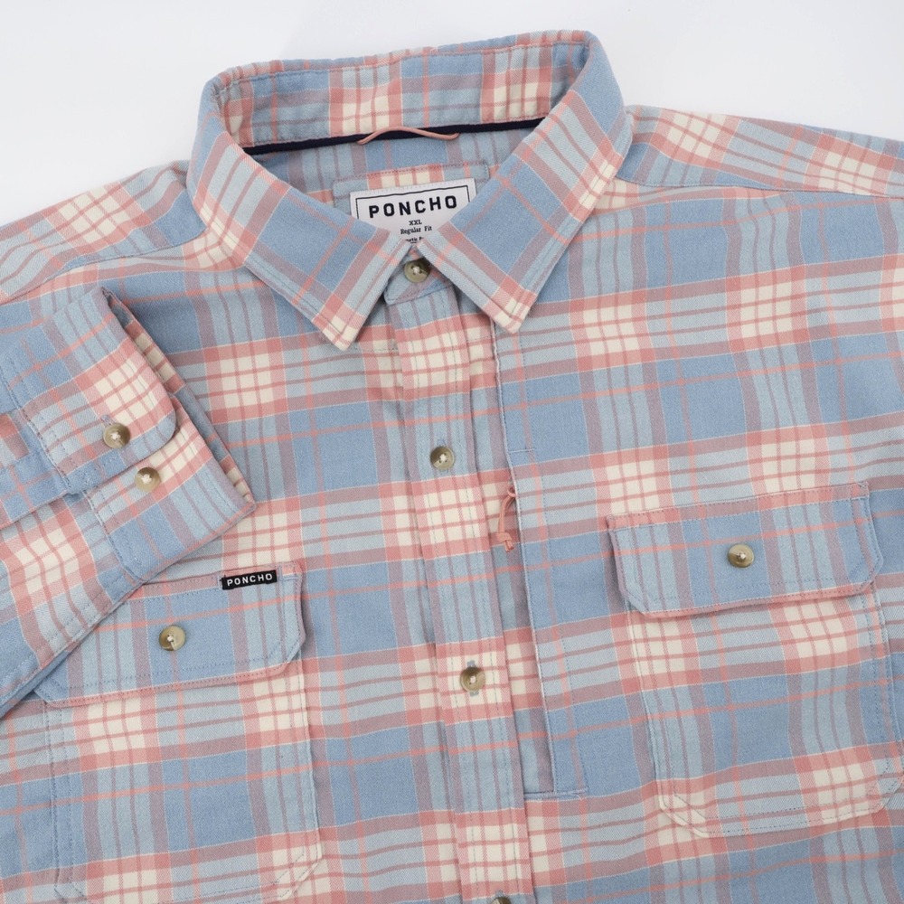 Poncho Magnetic Plaid Flannel Shirt Blue Pink Long Sleeve Mens XXL Button Up